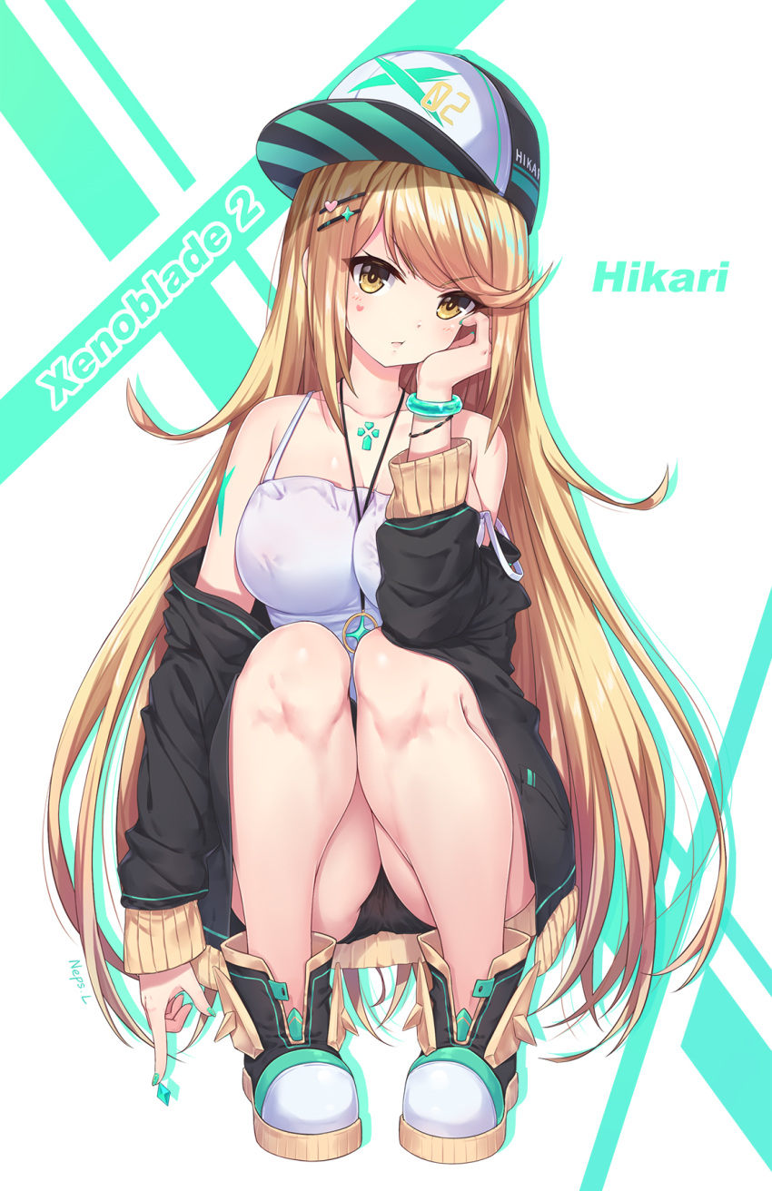 1girl, bare_shoulders, black_panties, blonde_hair, blush, bracelet, breasts, character_name