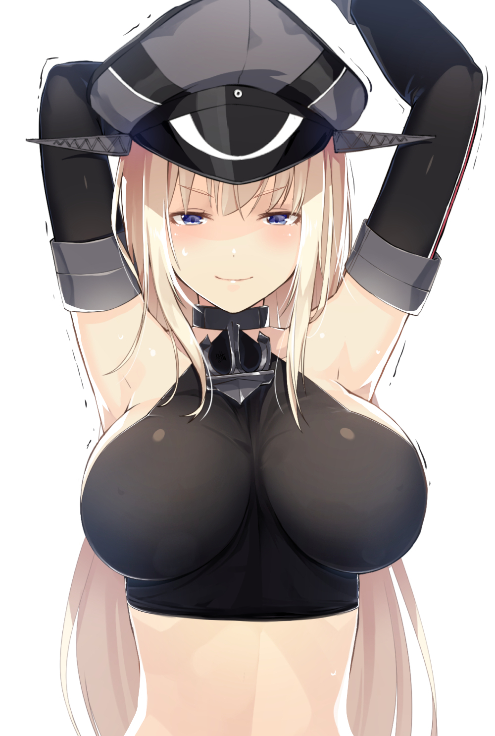 1girl, anchor, armpits, arms_up, bismarck_(kantai_collection), black_gloves, black_halter_top, blonde_hair