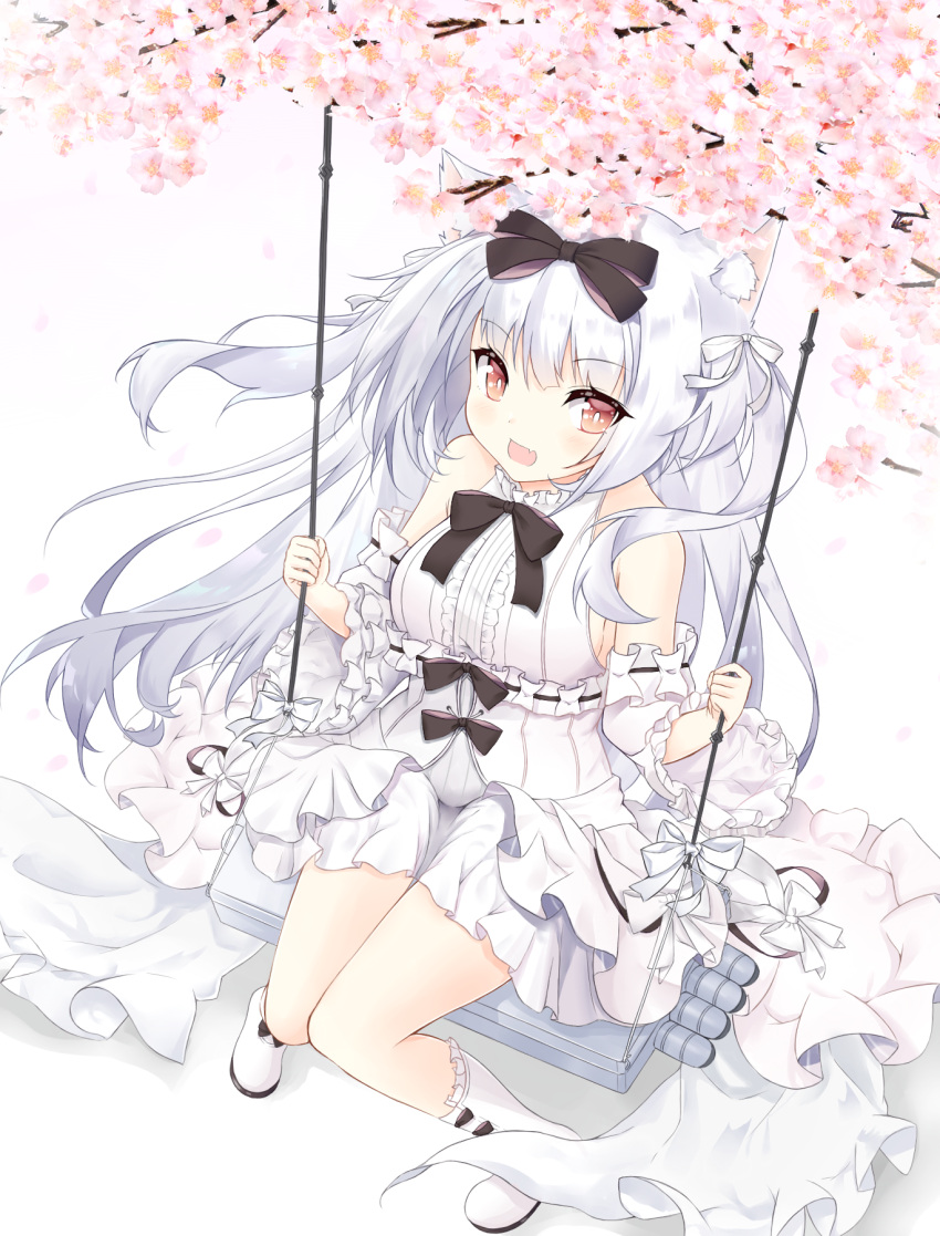 1girl, :d, animal_ears, azur_lane, bangs, bare_shoulders, black_bow, boots