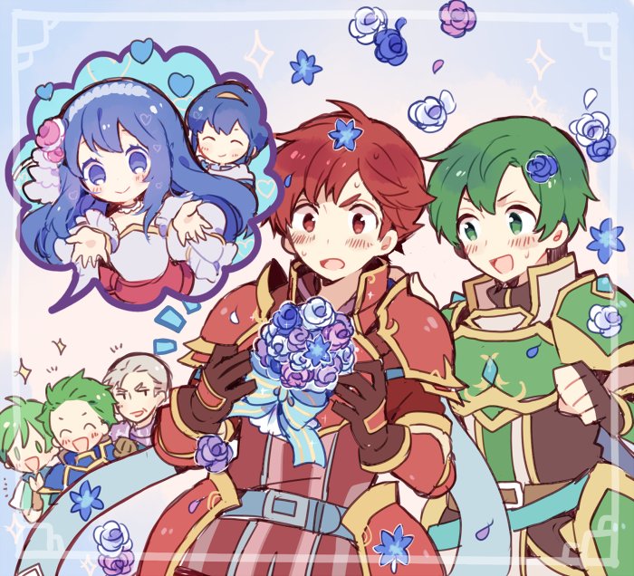 1girl, abel_(fire_emblem), armor, artist_request, blue_eyes, blue_hair, blush, bouquet