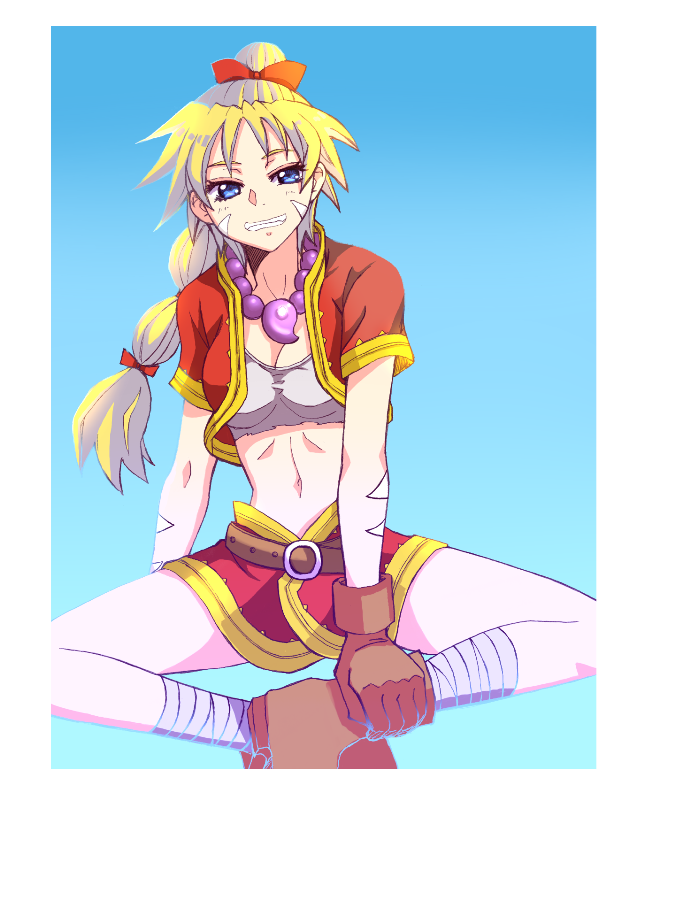 1girl, breasts, chrono_cross, cleavage, commentary_request, kid_(chrono_cross), long_hair, rabihiko