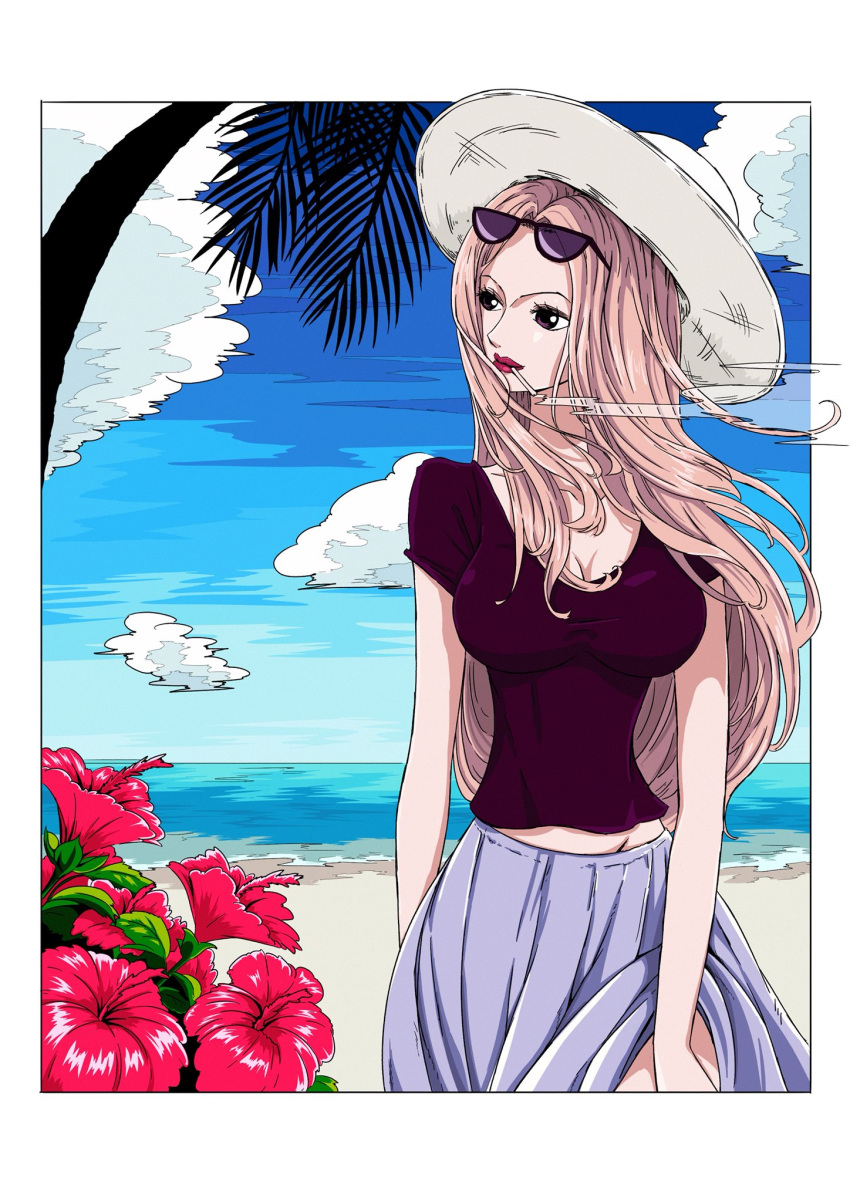 1girl, beach, black_eyes, border, breasts, cigarette, clouds, cowboy_shot