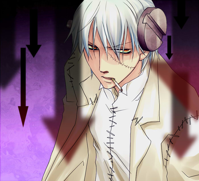 dr_franken_stein, kiyocco, male, red_eyes, short_hair, silver_hair, smoking, soul_eater, stitches