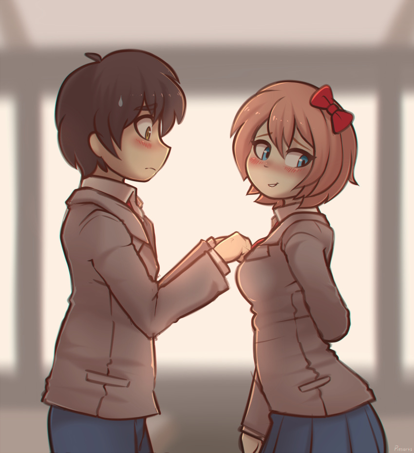 1boy, 1girl, arm_behind_back, artist_name, blue_eyes, blurry, blurry_background, blush, bow, brown_hair, buttoning, commentary, couple, doki_doki_literature_club, embarrassed, english_commentary, eyebrows_visible_through_hair, hair_between_eyes, hair_bow, hetero, highres, looking_away, love, piesarts, pink_hair, profile, protagonist_(doki_doki_literature_club), red_bow, sayori_(doki_doki_literature_club), school_uniform, short_hair, smile, sweatdrop, team_salvato, yellow_eyes