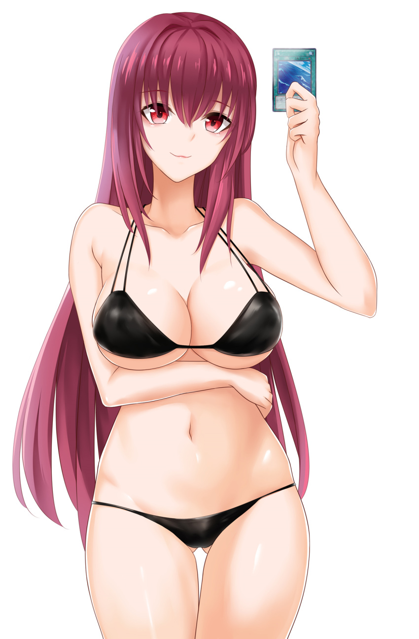 1girl, bikini, black_bikini, breasts, byakuyayayayaya, card, cleavage, collarbone, fate/grand_order, fate_(series), groin, highres, holding, holding_card, large_breasts, long_hair, looking_at_viewer, navel, purple_hair, scathach_(fate/grand_order), smile, solo, swimsuit, thigh_gap, violet_eyes, white_background, yu-gi-oh!