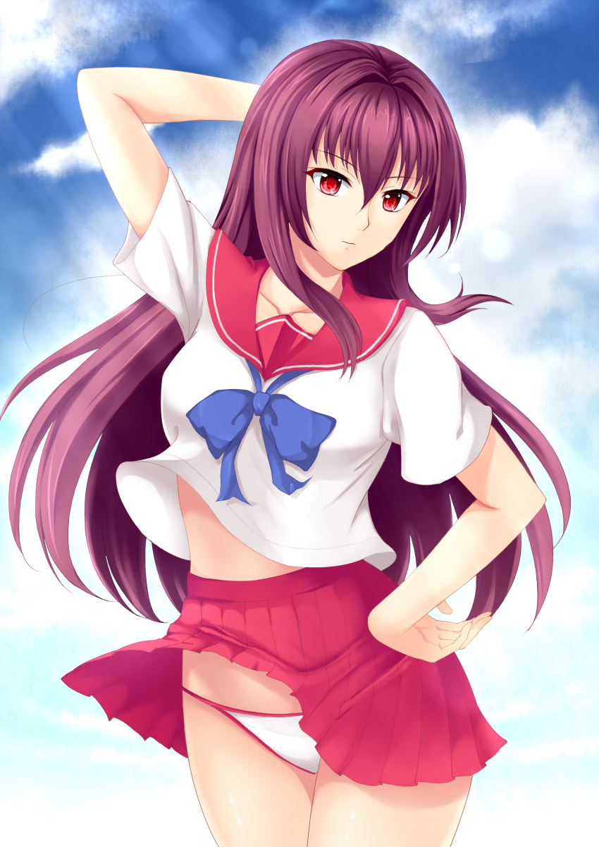 1girl, absurdres, alternate_costume, bow, fate/grand_order, fate_(series), ganmu_guo_zi_jiang, hand_behind_head, hand_on_hip, highres, long_hair, looking_at_viewer, pleated_skirt, purple_hair, purple_skirt, red_eyes, scathach_(fate/grand_order), school_uniform, serafuku, skirt, skirt_lift, solo, wind, wind_lift