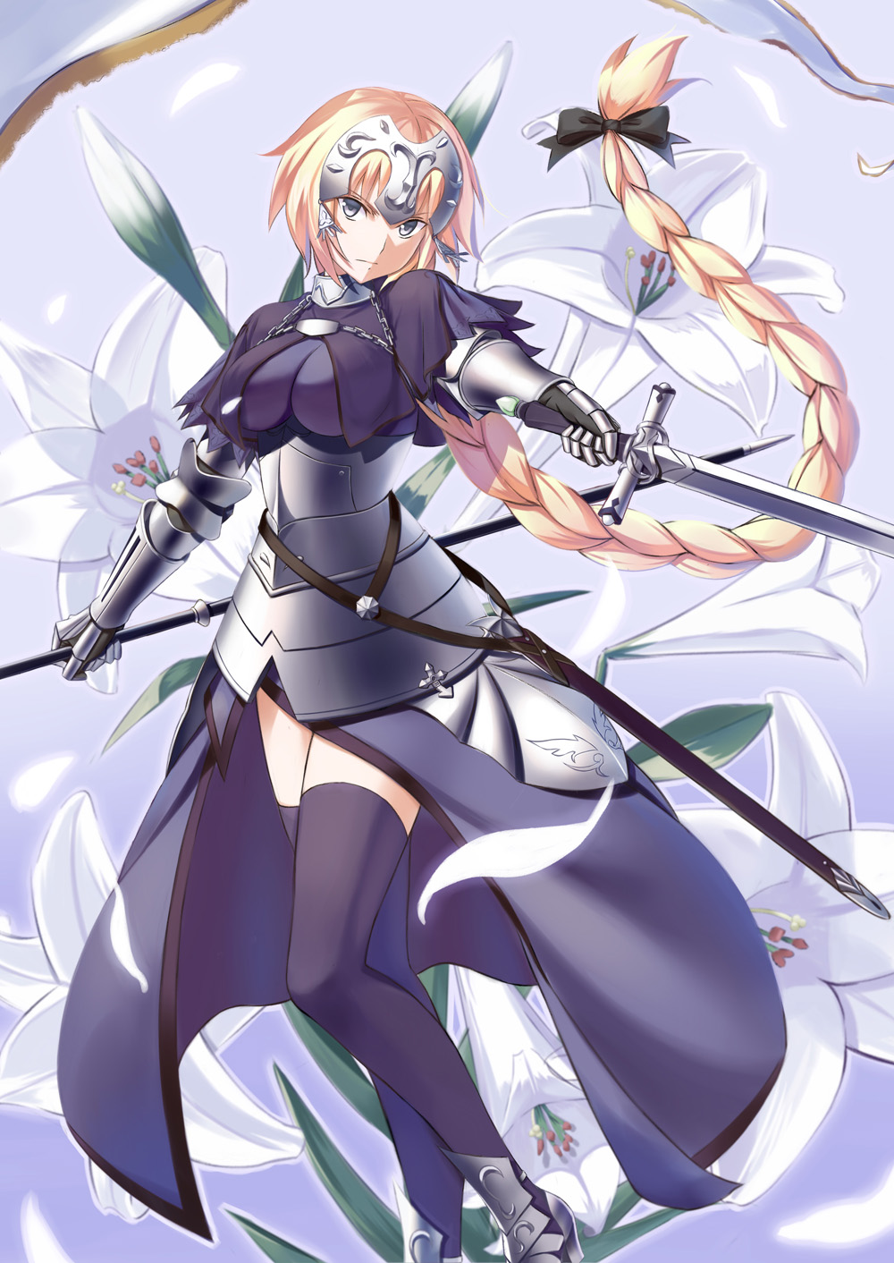 1girl, armor, armored_boots, armored_dress, black_ribbon, blonde_hair, boots, braid, fate/grand_order, fate_(series), flag, flagpole, flower, hair_ribbon, headpiece, highres, holding, holding_sword, holding_weapon, jeanne_d'arc_(fate), jeanne_d'arc_(fate)_(all), lily_(flower), long_braid, long_hair, purple_legwear, ribbon, shukuzaki, single_braid, solo, sword, thigh-highs, very_long_hair, violet_eyes, weapon