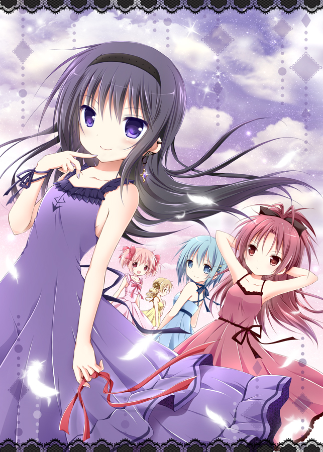 5girls, akemi_homura, arms_behind_head, bare_shoulders, black_hair, black_hairband, blonde_hair, blue_dress