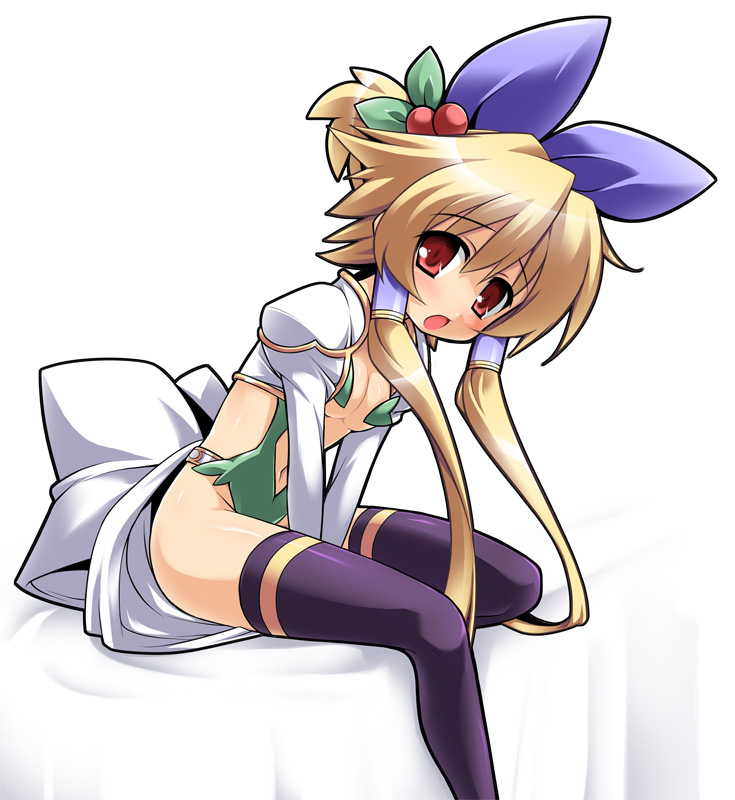 berries, between_thighs, blonde_hair, bow, cosplay, hair_bobbles, hair_ornament, hair_tubes, kaneno_akia, katami_shinta, konoha_(shinrabanshou), konoha_(shinrabanshou)_(cosplay), leaf, long_hair, meryl_star, navel, open_mouth, red_eyes, ribbon, ribbons, shinrabansho, shinrabanshou, socks, solo, thigh-highs, thighhighs, twintails