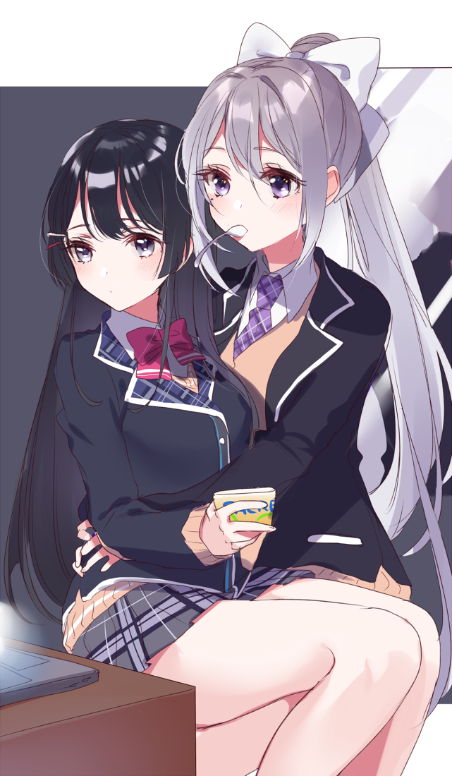2girls, black_blazer, black_hair, blazer, blush, bow, bowtie, brown_cardigan