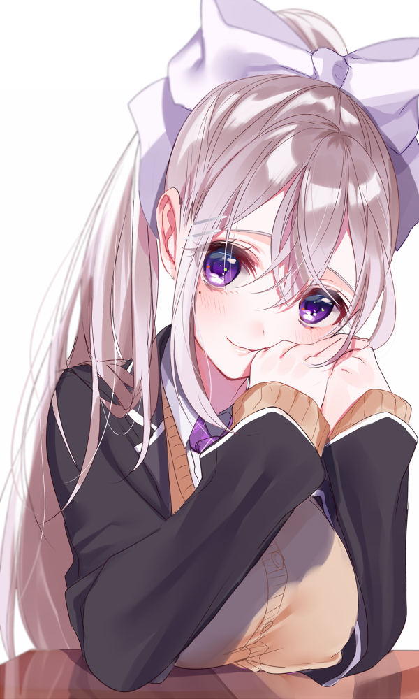 1girl, black_blazer, blazer, blush, bow, breast_press, breasts, brown_cardigan