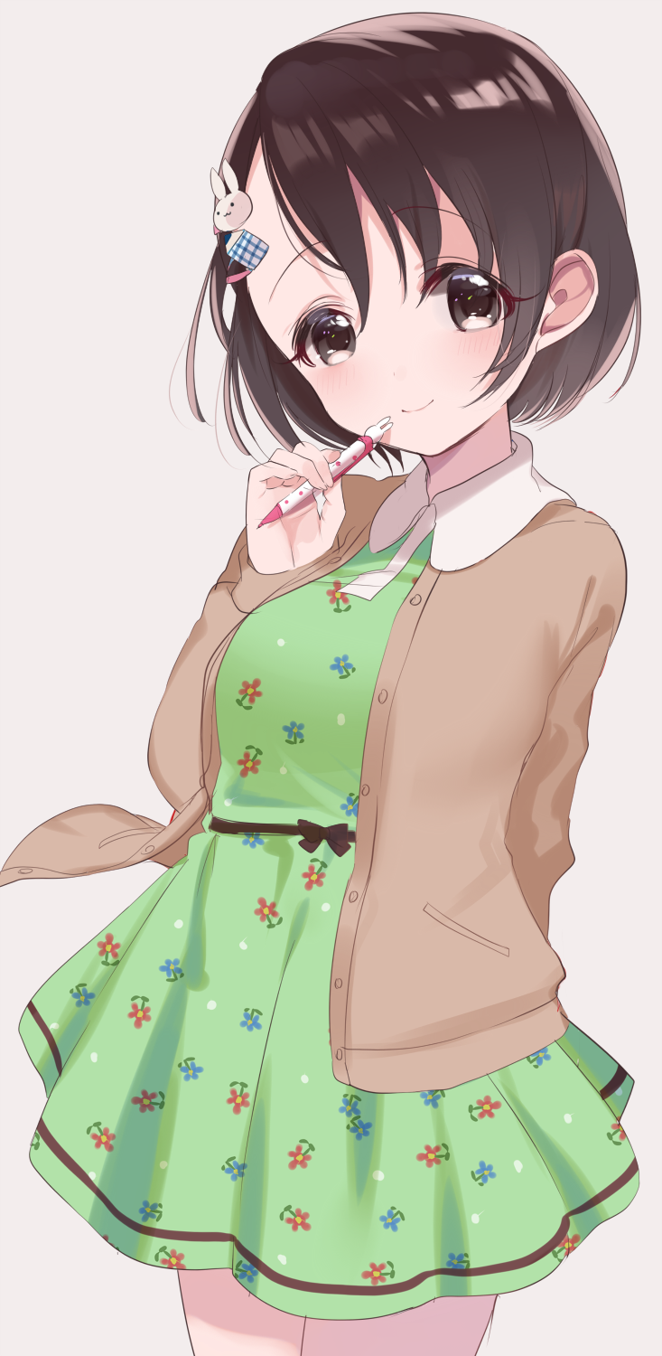 1girl, arm_behind_back, blush, bow, brown_bow, brown_coat, brown_eyes, brown_hair, brown_ribbon, bunny_hair_ornament, coat, collared_dress, cowboy_shot, dress, floral_print, green_dress, hair_ornament, highres, holding, holding_pen, idolmaster, idolmaster_cinderella_girls, looking_at_viewer, misumi_(macaroni), open_clothes, open_coat, pen, pen_to_chin, plaid_hair_ornament, ribbon, sasaki_chie, short_hair, smile, solo