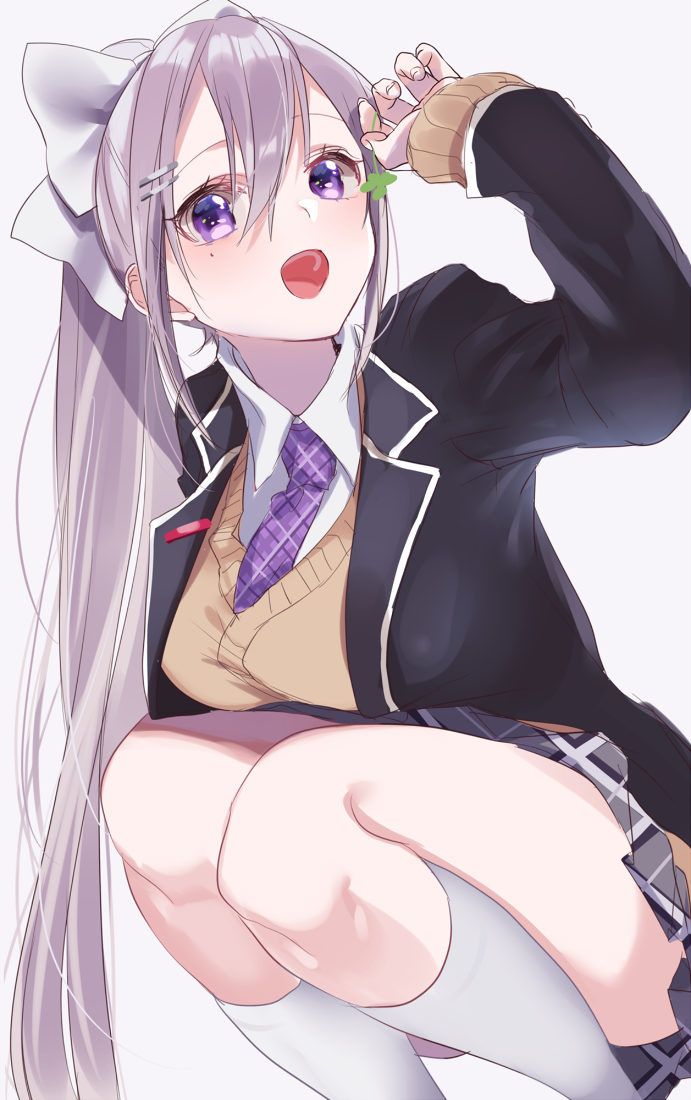1girl, :d, black_blazer, blazer, bow, brown_cardigan, cardigan, clover, collared_shirt, grey_hairclip, grey_skirt, hair_bow, hair_ornament, hairclip, higuchi_kaede, holding_clover, jacket, lavender_hair, long_hair, looking_at_viewer, misumi_(macaroni), mole, mole_under_eye, necktie, nijisanji, open_blazer, open_clothes, open_jacket, open_mouth, plaid, plaid_neckwear, plaid_skirt, pleated_skirt, ponytail, purple_neckwear, school_uniform, shirt, simple_background, skirt, smile, solo, squatting, violet_eyes, virtual_youtuber, white_background, white_bow, white_legwear, white_shirt