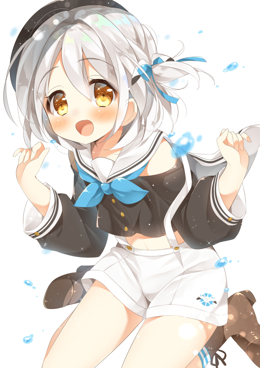 1boy, blush, brown_hair, gau_(n00_shi), hair_ribbon, hat, highres, looking_at_viewer, open_mouth, original, ribbon, sailor_collar, school_uniform, shorts, solo, suspenders, trap, white_hair