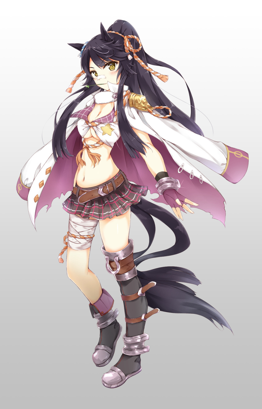 1girl, animal_ears, bandage, bandaid, bandaid_on_nose, bangle, belt, black_hair, boots, bracelet, breasts, cleavage, commentary_request, ekusuy_kinoto, fingerless_gloves, full_body, gloves, highres, horse_ears, horse_tail, jacket_on_shoulders, jewelry, large_breasts, long_hair, looking_at_viewer, miniskirt, narita_brian, navel, plaid, plaid_skirt, ponytail, skirt, solo, stalk_in_mouth, standing, stomach, tail, umamusume, yellow_eyes