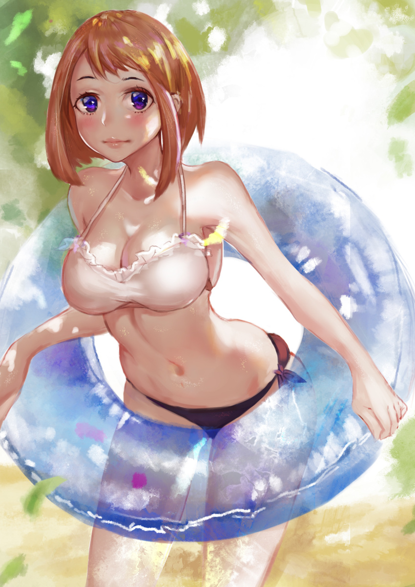 1girl, absurdres, bangs, bikini, blush, boku_no_hero_academia, breasts, brown_bikini_bottom