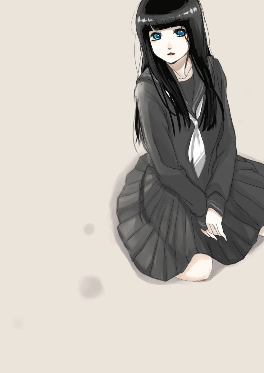 bangs, black_hair, blue_eyes, blunt_bangs, from_above, highres, kneeling, kurasawa_moko