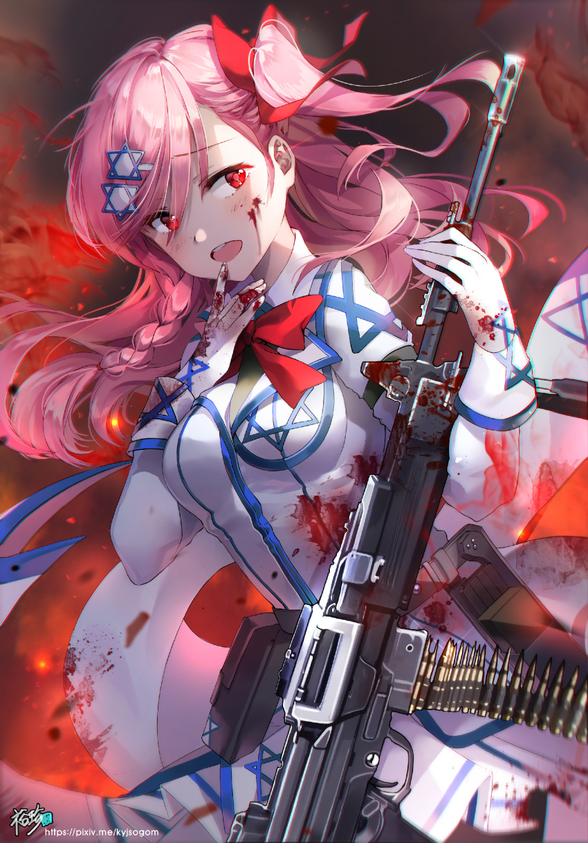 1girl, absurdres, ammunition_belt, artist_name, asymmetrical_hair, bangs, black_legwear, blood