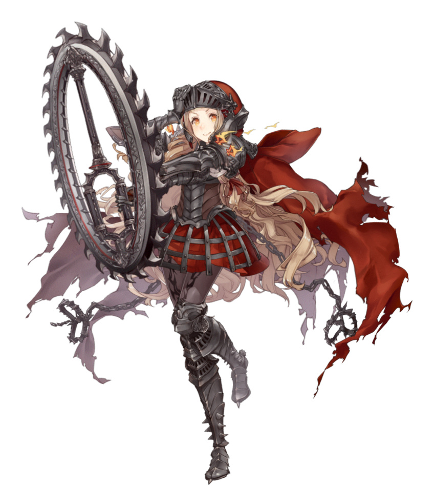 1girl, armor, armored_boots, armored_dress, blonde_hair, boots, cape, chains