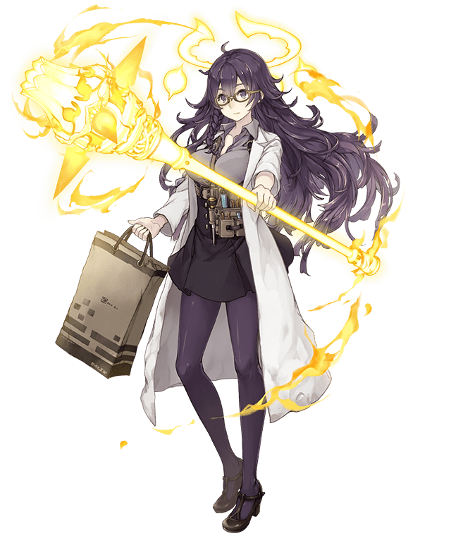 1girl, bag, braid, breasts, contemporary, contrapposto, dorothy_(sinoalice), energy_weapon, expressionless, full_body, glasses, jino, labcoat, large_breasts, looking_at_viewer, messy_hair, official_art, pantyhose, purple_hair, sinoalice, skirt, solo, test_tube, transparent_background, violet_eyes