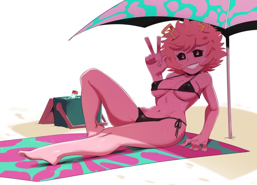 1girl, ashido_mina, bare_arms, bare_legs, barefoot, beach, bikini, black_bikini, black_sclera, boku_no_hero_academia, bottle, breasts, feet, highres, horns, looking_at_viewer, lying, medium_breasts, navel, pink_hair, pink_skin, short_hair, side-tie_bikini, smile, summer, swimsuit, teeth, thehumancopier, umbrella, under_boob, v, water_bottle, yellow_eyes