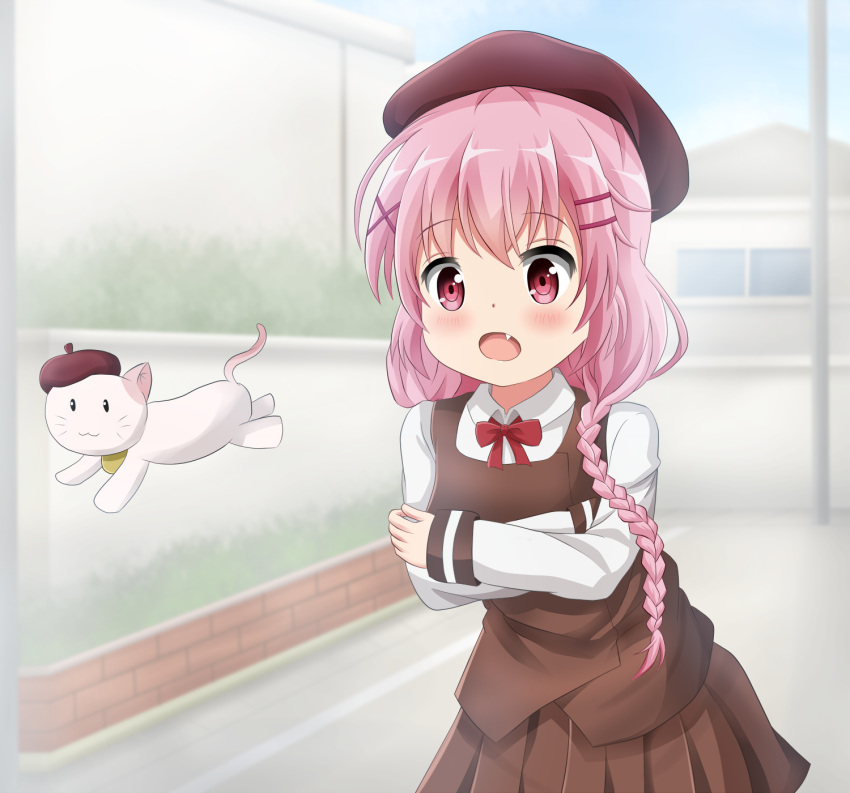 1girl, :o, animal, bangs, beret, blue_sky, blurry, blurry_background
