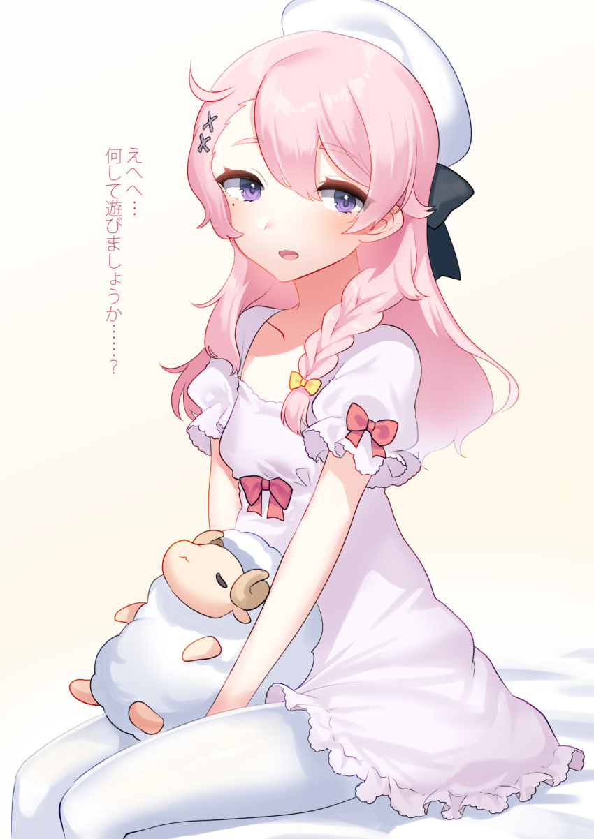 1boy, blush, braid, commentary, dress, hair_ornament, hat, hat_ribbon