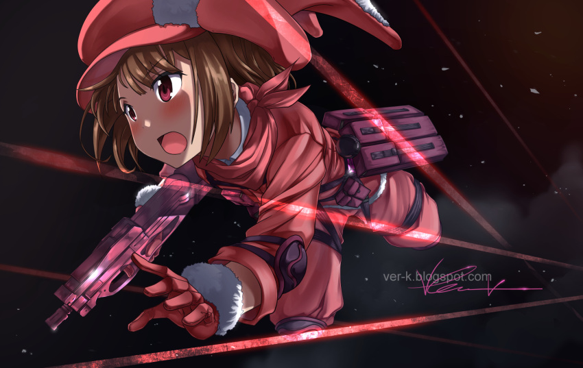 1girl, animal_ears, animal_hat, blush, brown_hair, bullet_line, bullpup, eyebrows_visible_through_hair, gloves, gun, hat, indy_k, llenn_(sao), open_mouth, p-chan_(sao), p90, pink_gloves, pink_hat, rabbit_ears, signature, solo, submachine_gun, sword_art_online, sword_art_online_alternative:_gun_gale_online, weapon
