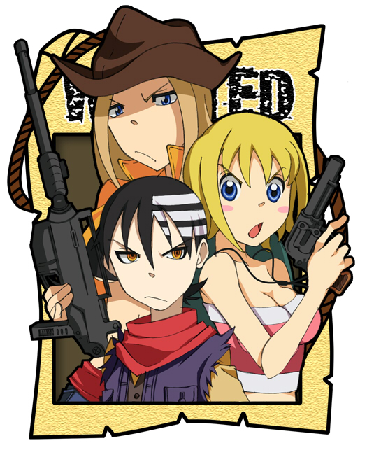 black_hair, blonde_hair, blue_eyes, death_the_kid, elizabeth_thompson, gun, hishiki, long_hair