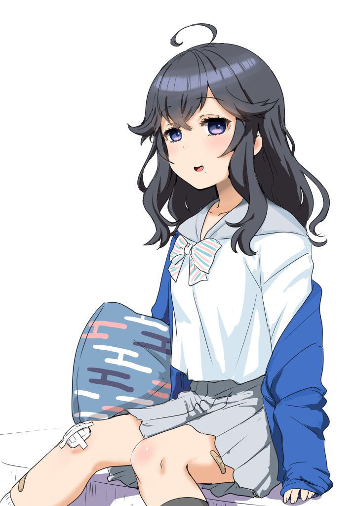 1girl, ahoge, bandage, black_hair, blue_jacket, bow, bowtie, clearite