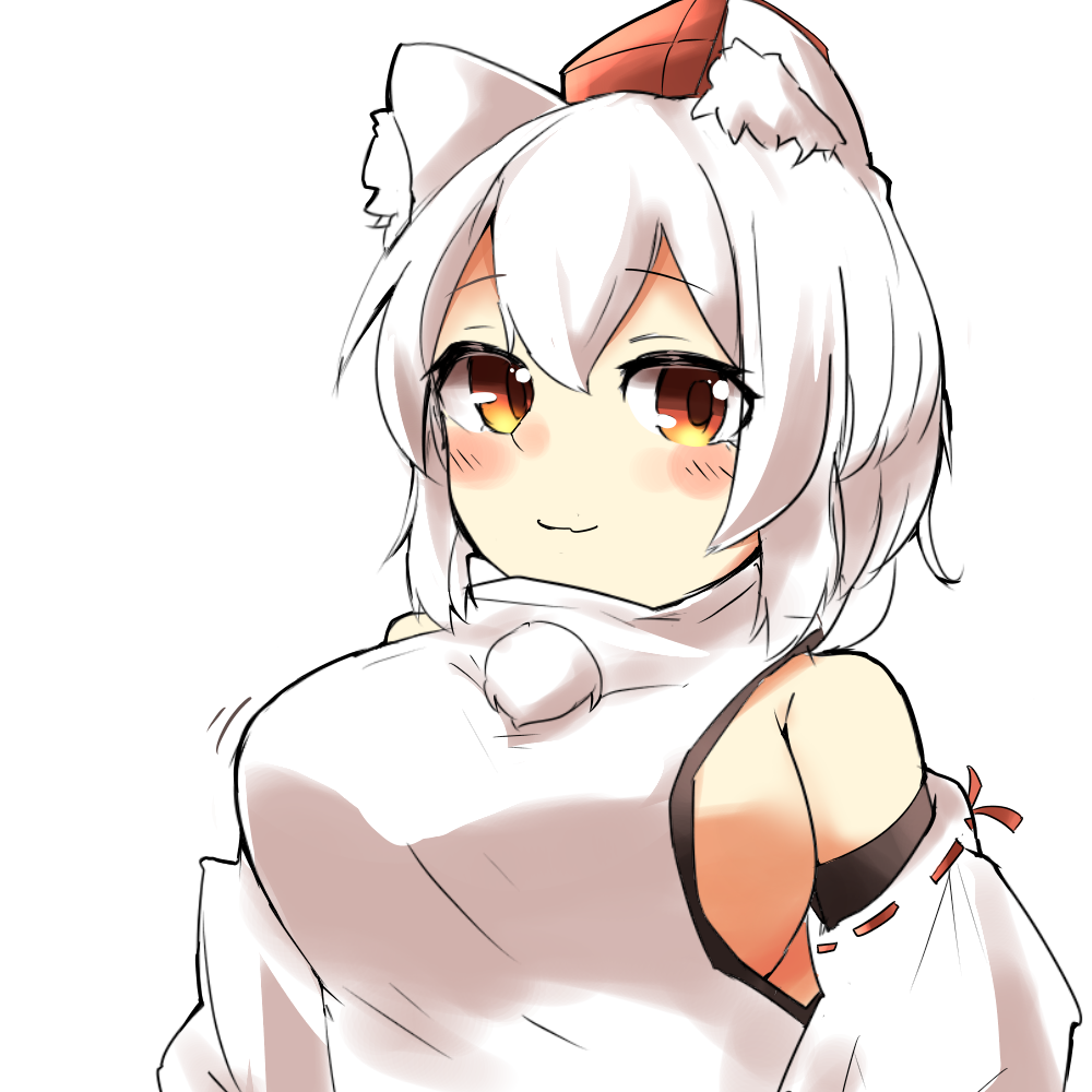 1girl, animal_ears, bare_shoulders, blush_stickers, bouncing_breasts, breasts, detached_sleeves, hat