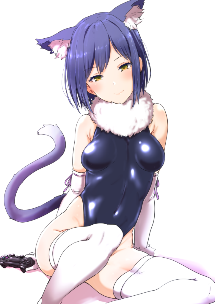 1girl, animal_ears, blue_hair, blush, breasts, cat_ears, cat_tail, clearite