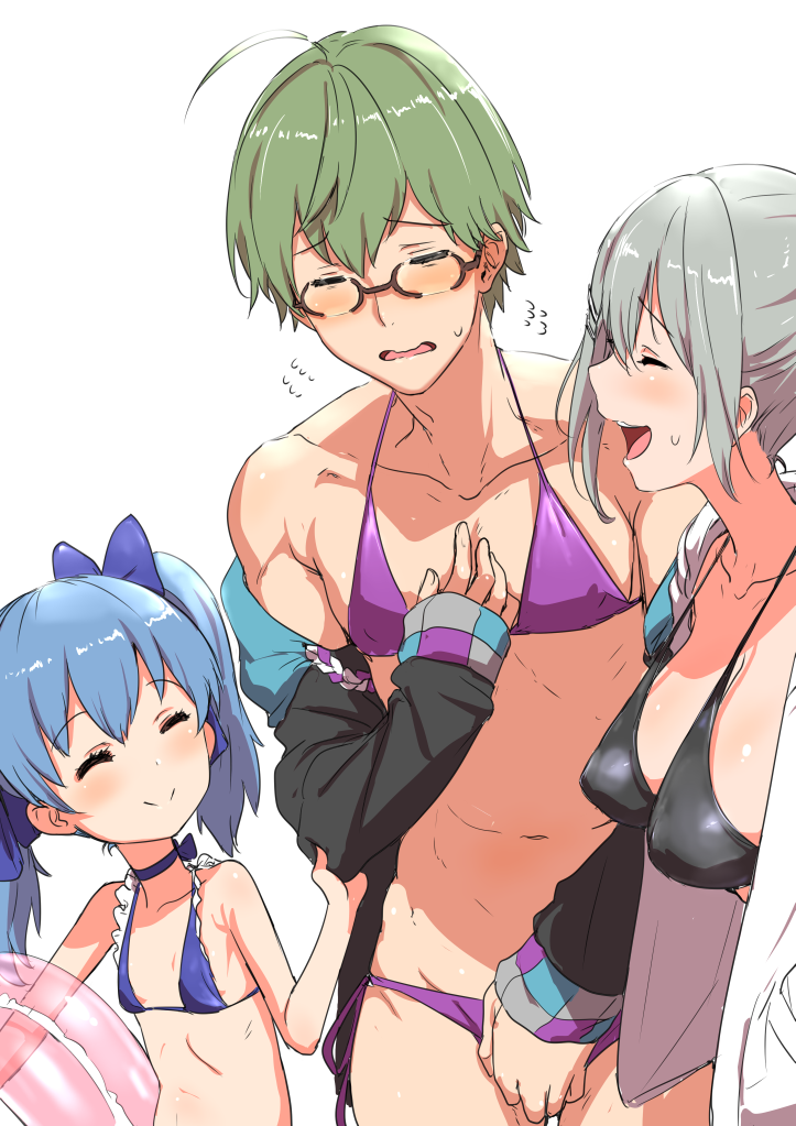 1boy, 2girls, ^_^, ahoge, bikini, black_bikini, black_hoodie, blue_bow