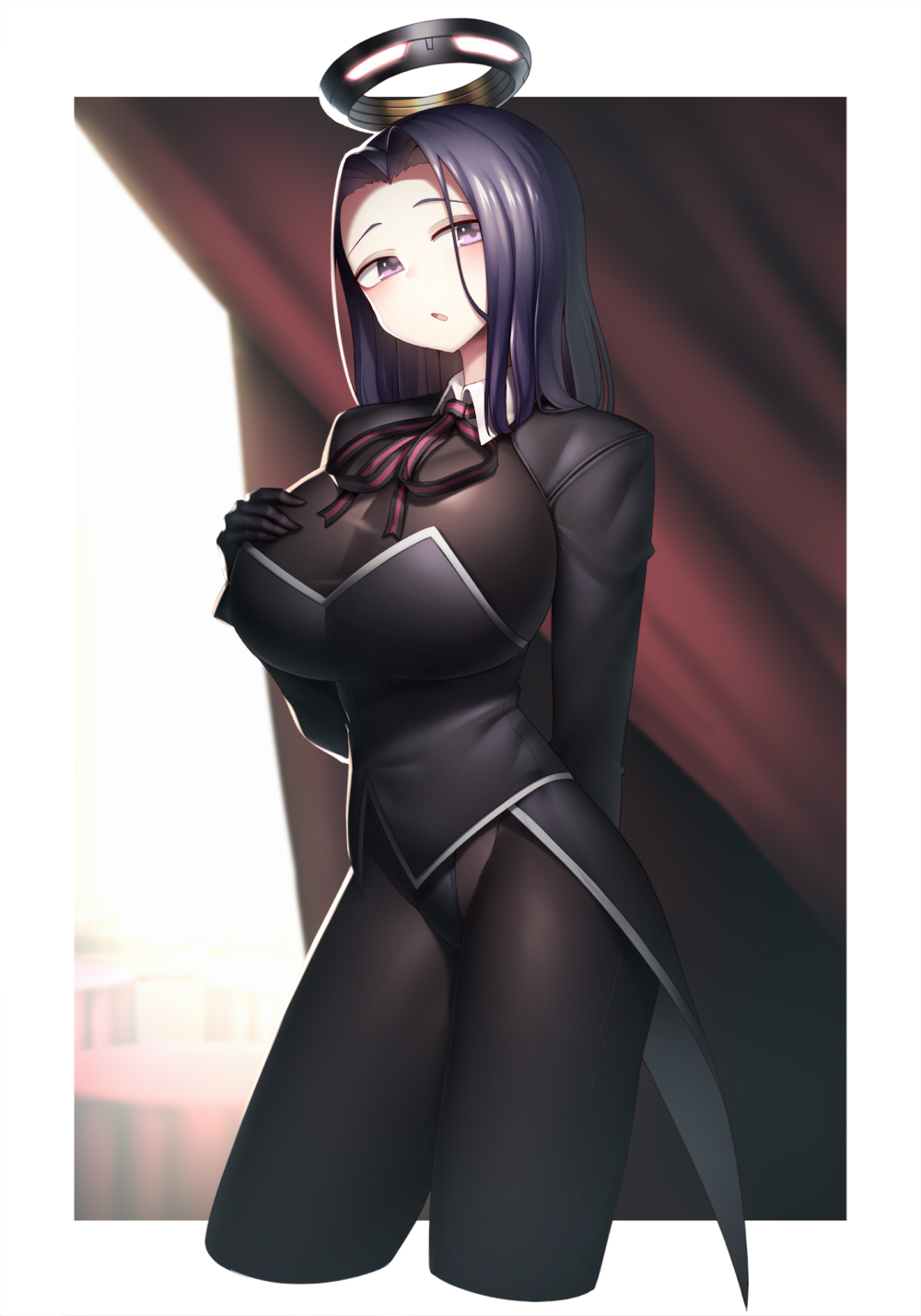 1girl, :o, black_gloves, black_leotard, blurry, blurry_background, breasts, brown_legwear