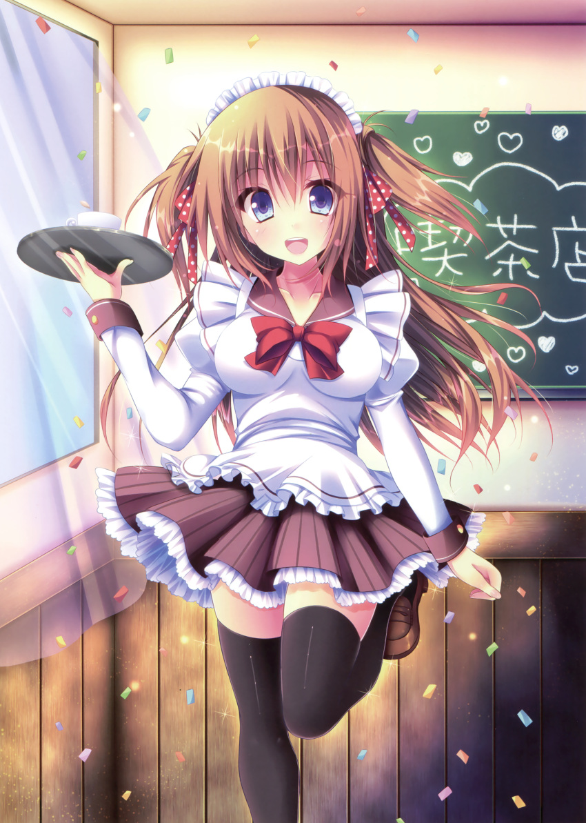 1girl, :d, absurdres, blue_eyes, bow, breasts, brown_hair, chalkboard