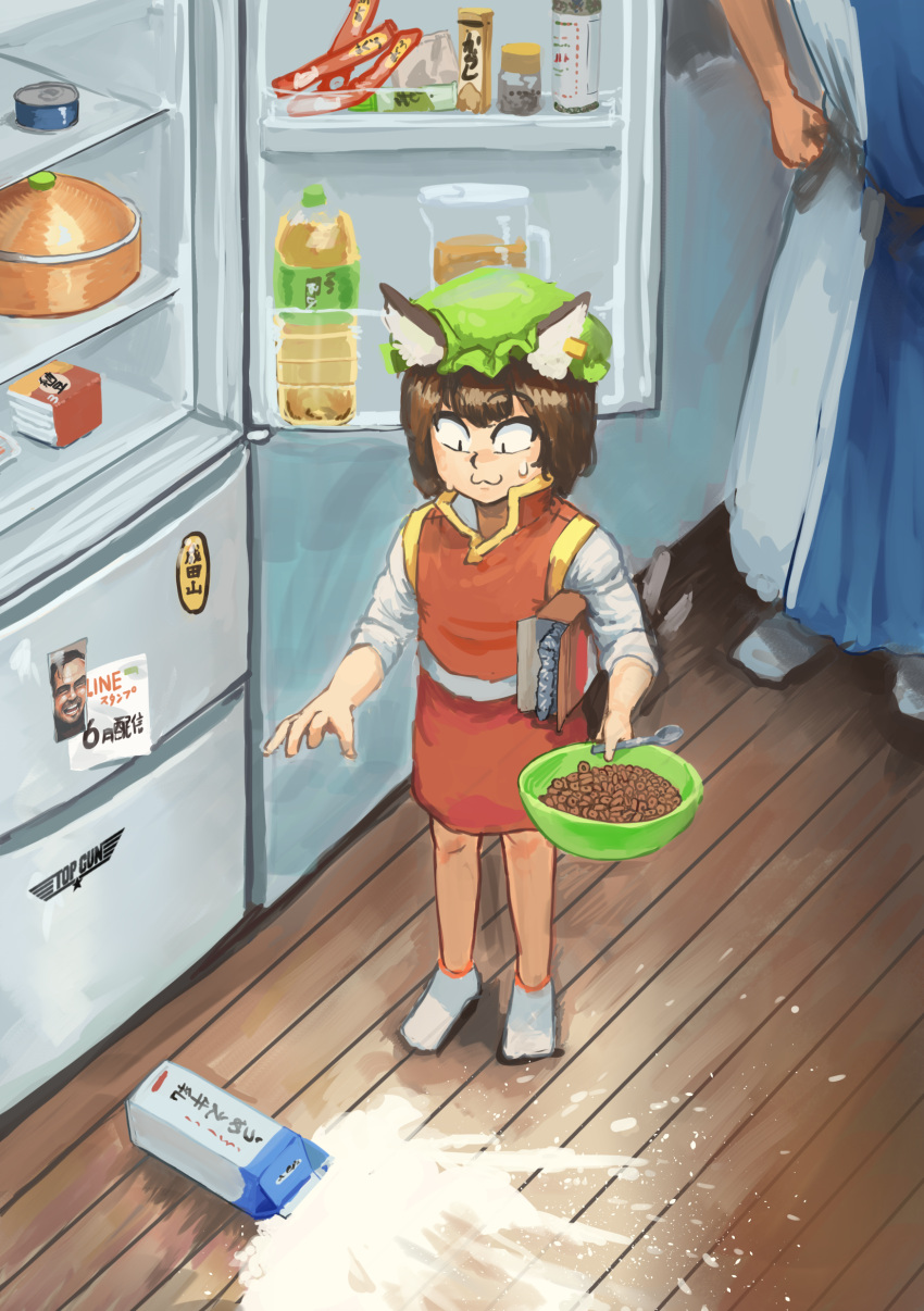 2girls, :3, absurdres, bottle, brown_eyes, brown_hair, cereal, chanta_(ayatakaoisii)