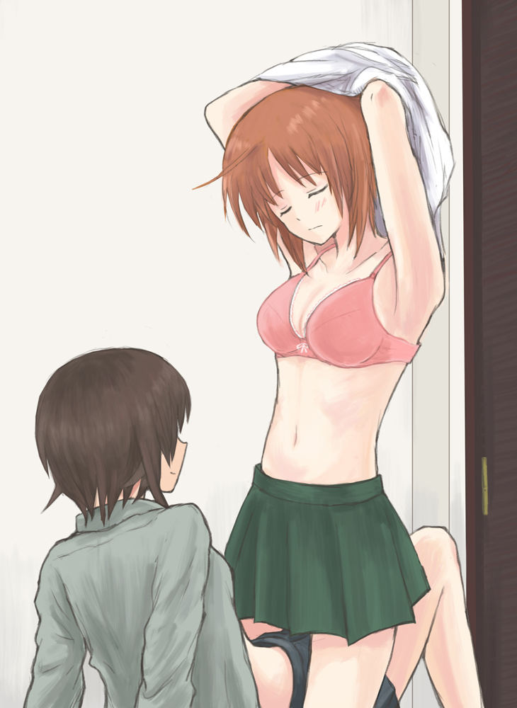2girls, arms_up, black_skirt, blouse, blush, bow, bow_bra, bra