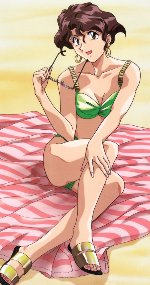 1girl, 90s, bikini, brown_eyes, brown_hair, collarbone, earrings, green_bikini