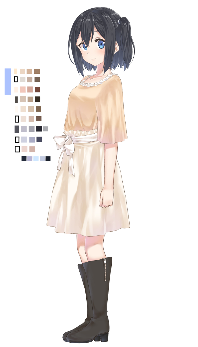 1girl, arm_at_side, bangs, beige_blouse, black_footwear, black_hair, blouse, blue_eyes, blush, boots, bow, breasts, closed_mouth, collarbone, commentary_request, full_body, hair_between_eyes, high_heel_boots, high_heels, highres, knee_boots, looking_at_viewer, one_side_up, original, short_sleeves, skirt, small_breasts, smile, solo, standing, suzunari_shizuku, white_bow, white_skirt, wide_sleeves, yuki_arare, zipper, zipper_pull_tab