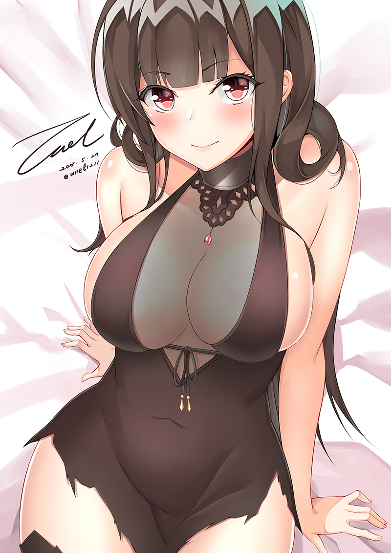 1girl, ahoge, alternate_costume, arm_support, arm_under_breasts, armlet, bangs, black_dress