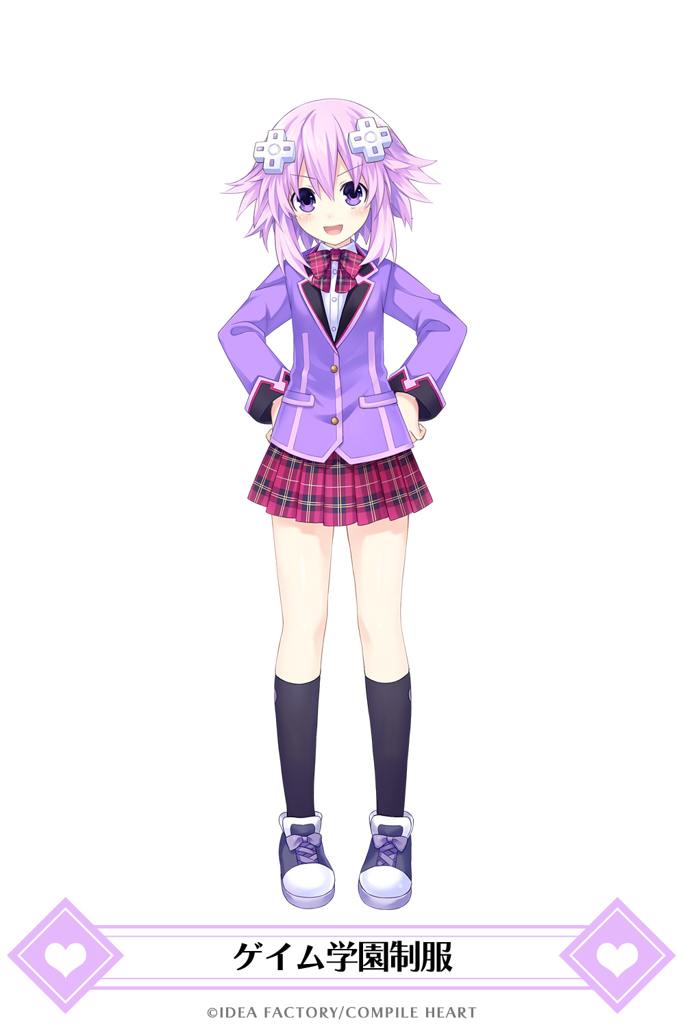 1girl, :d, blush, bow, bowtie, checkered, checkered_neckwear, checkered_skirt, d-pad, d-pad_hair_ornament, full_body, gekijigen__blanc_+_neptune_vs_zombie_gundan, hair_between_eyes, hair_ornament, hands_on_hips, highres, kneehighs, looking_at_viewer, neptune_(choujigen_game_neptune), neptune_(series), official_art, open_mouth, pleated_skirt, purple_blazer, purple_hair, school_uniform, shirt, short_hair, skirt, smile, solo, translated, tsunako, violet_eyes, white_shirt