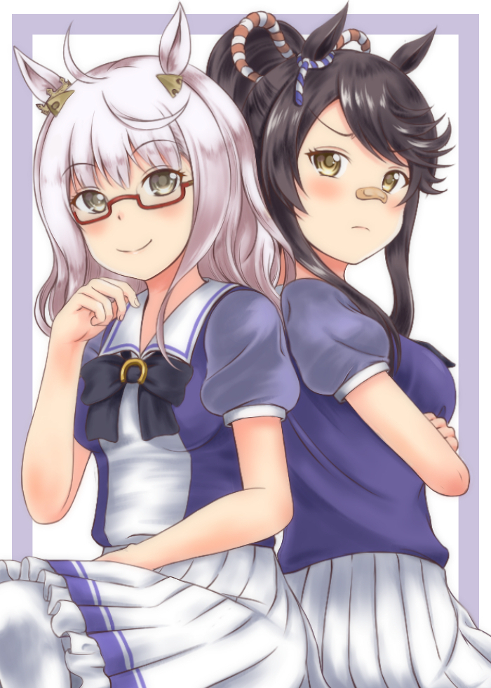 2girls, animal_ears, back-to-back, bandaid, bandaid_on_nose, bangs, bare_arms, biwa_hayahide