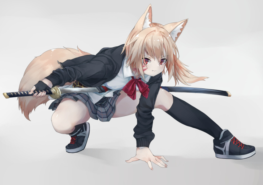 1girl, animal_ears, arm_support, black_footwear, black_jacket, black_legwear, brown_hair, commentary_request