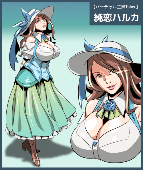 1girl, bangs, blue_flower, blue_ribbon, blue_rose, breasts, brown_hair, cleavage, flower, green_skirt, hat, hat_ribbon, housewife, huge_breasts, lips, long_hair, long_skirt, looking_at_viewer, mature, original, ribbon, rose, shoulders, skirt, solo, sun_hat, virtual_youtuber, yawakon, yellow_eyes