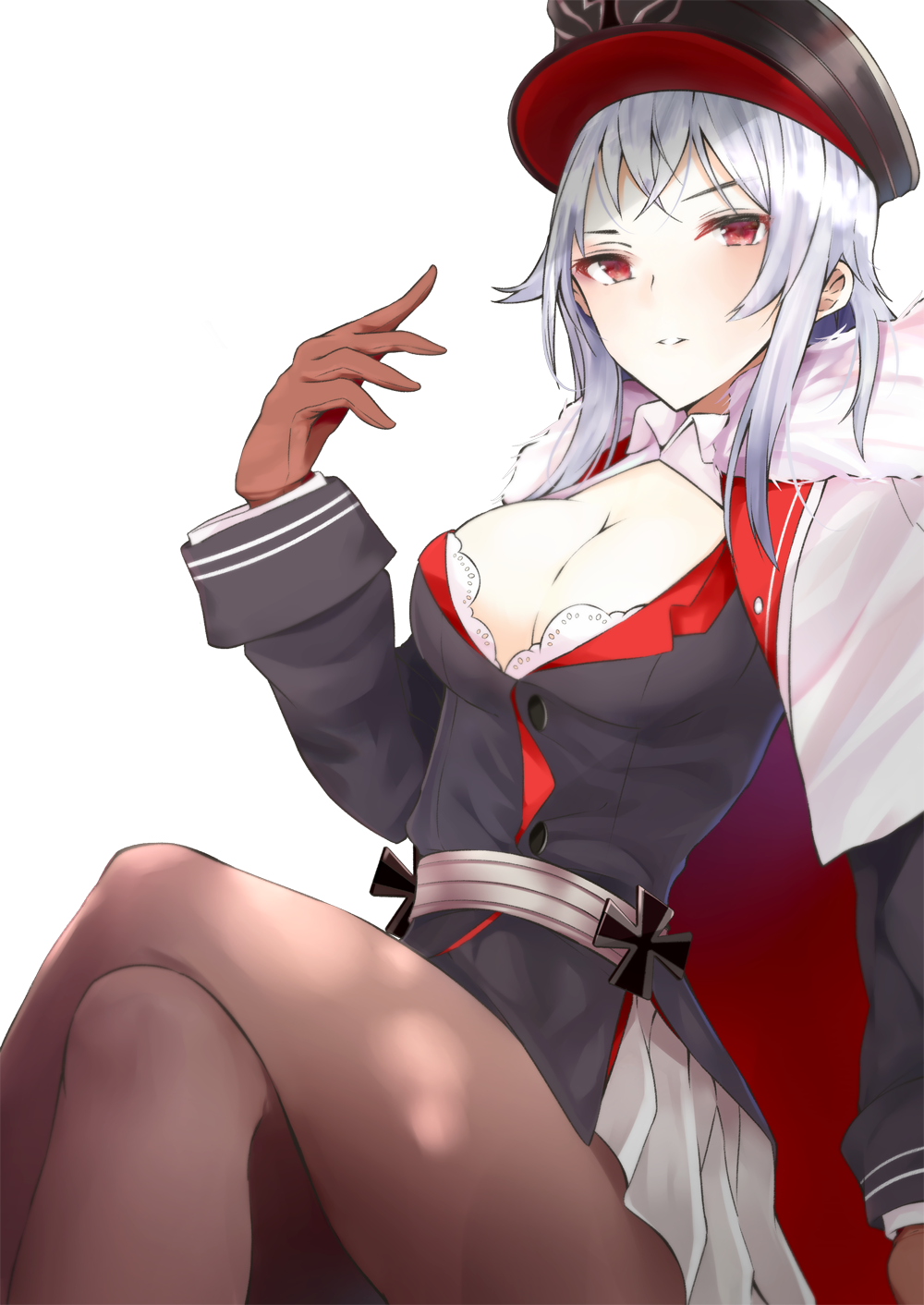 1girl, arm_at_side, arm_up, azur_lane, black_legwear, breasts, brown_gloves, cleavage