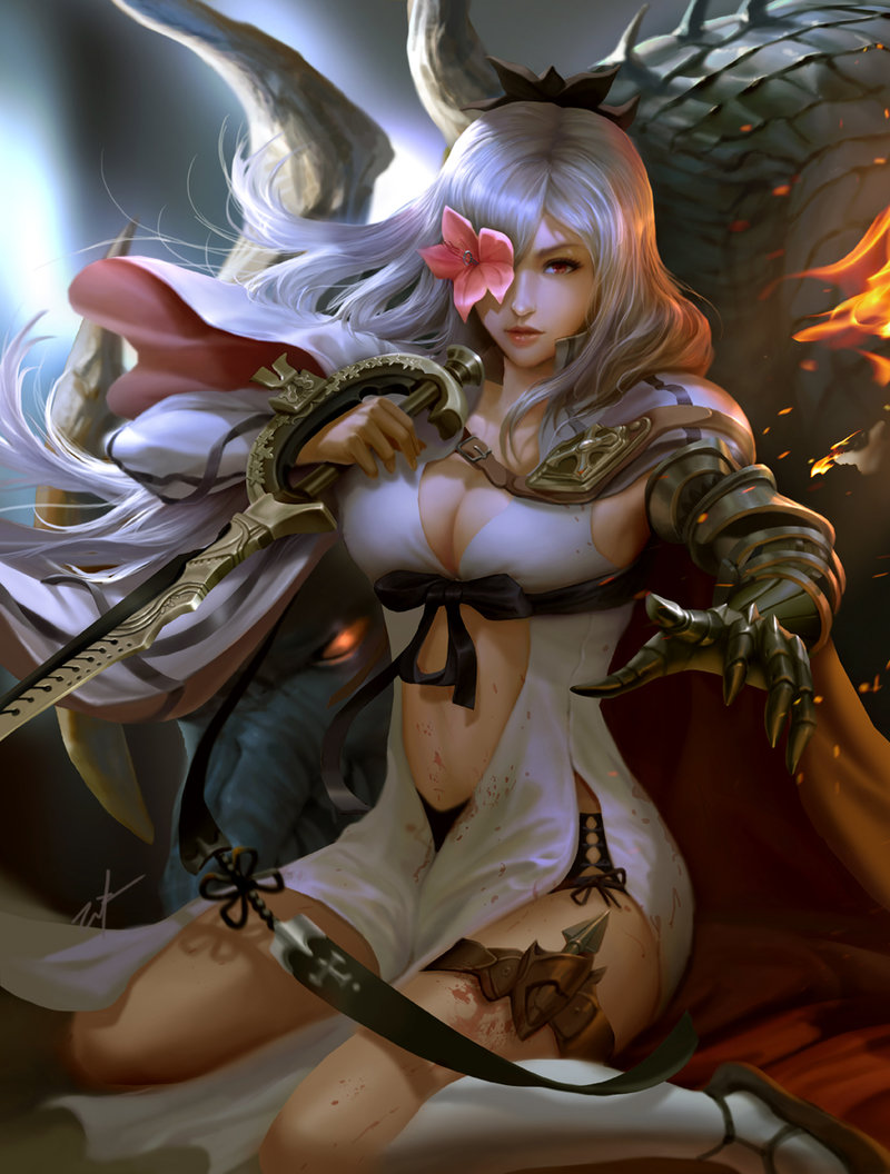 1girl, blood, bloody_clothes, bow, breasts, cleavage, derrick_song, drag-on_dragoon