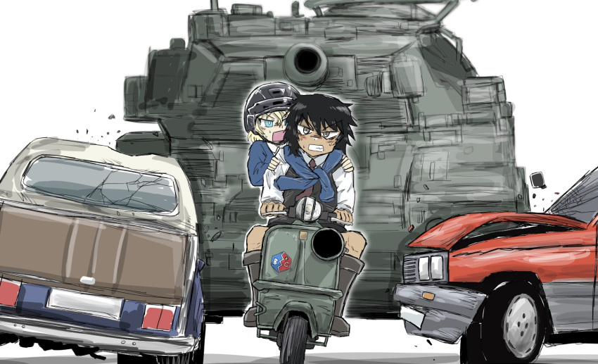 2girls, andou_(girls_und_panzer), bc_freedom_(emblem), bc_freedom_school_uniform, black_eyes, black_hair, blonde_hair, blue_eyes