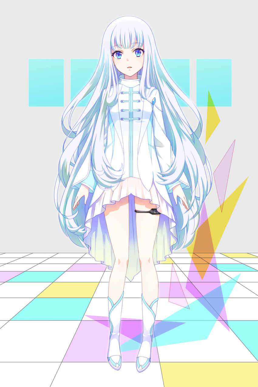 1girl, azaka_(pipponao), blue_eyes, boots, collar, eyebrows_visible_through_hair, floor, highres, leg_strap, locks, long_hair, long_sleeves, looking_at_viewer, open_mouth, original, shirt, skirt, very_long_hair, virtual_youtuber, white_footwear, white_hair, white_shirt, white_skirt