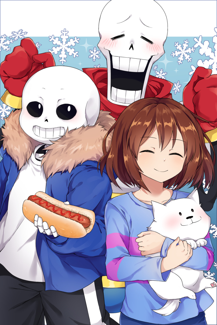 1other, 2boys, :d, ^_^, annoying_dog, blush, brown_hair, caramell0501, closed_eyes, coat, facing_viewer, food, frisk_(undertale), gloves, highres, hot_dog, looking_at_viewer, multiple_boys, open_mouth, pants, papyrus_(undertale), sans_(undertale), scarf, shirt, skeleton, smile, teeth, track_pants, undertale