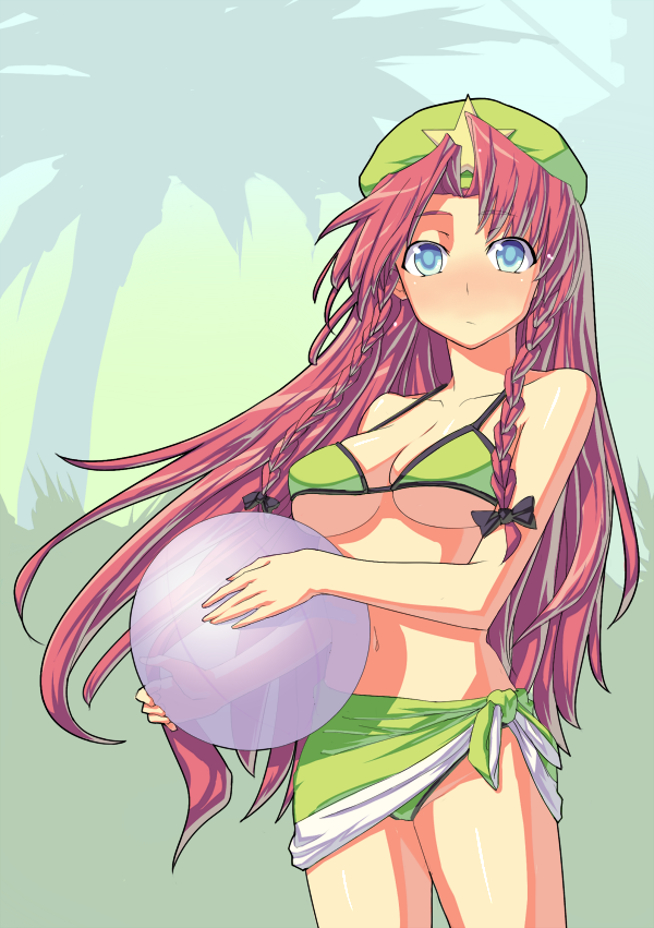 ball, bikini, blue_eyes, blush, braid, braids, breasts, china